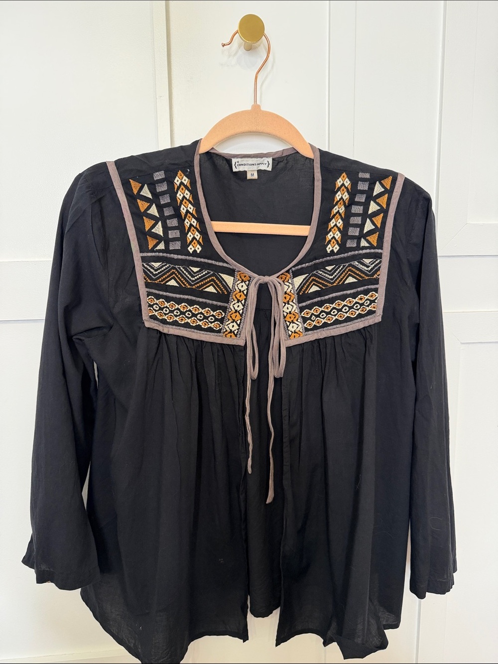 Women's Black Embroidered Tie-Front Peasant Blouse